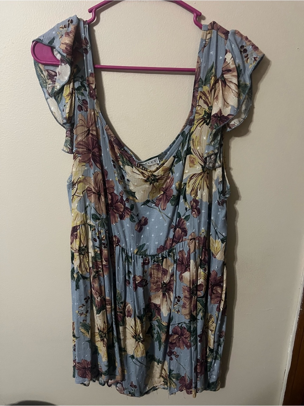 Light Blue Floral Tank Top with Ruffle Sleeves
